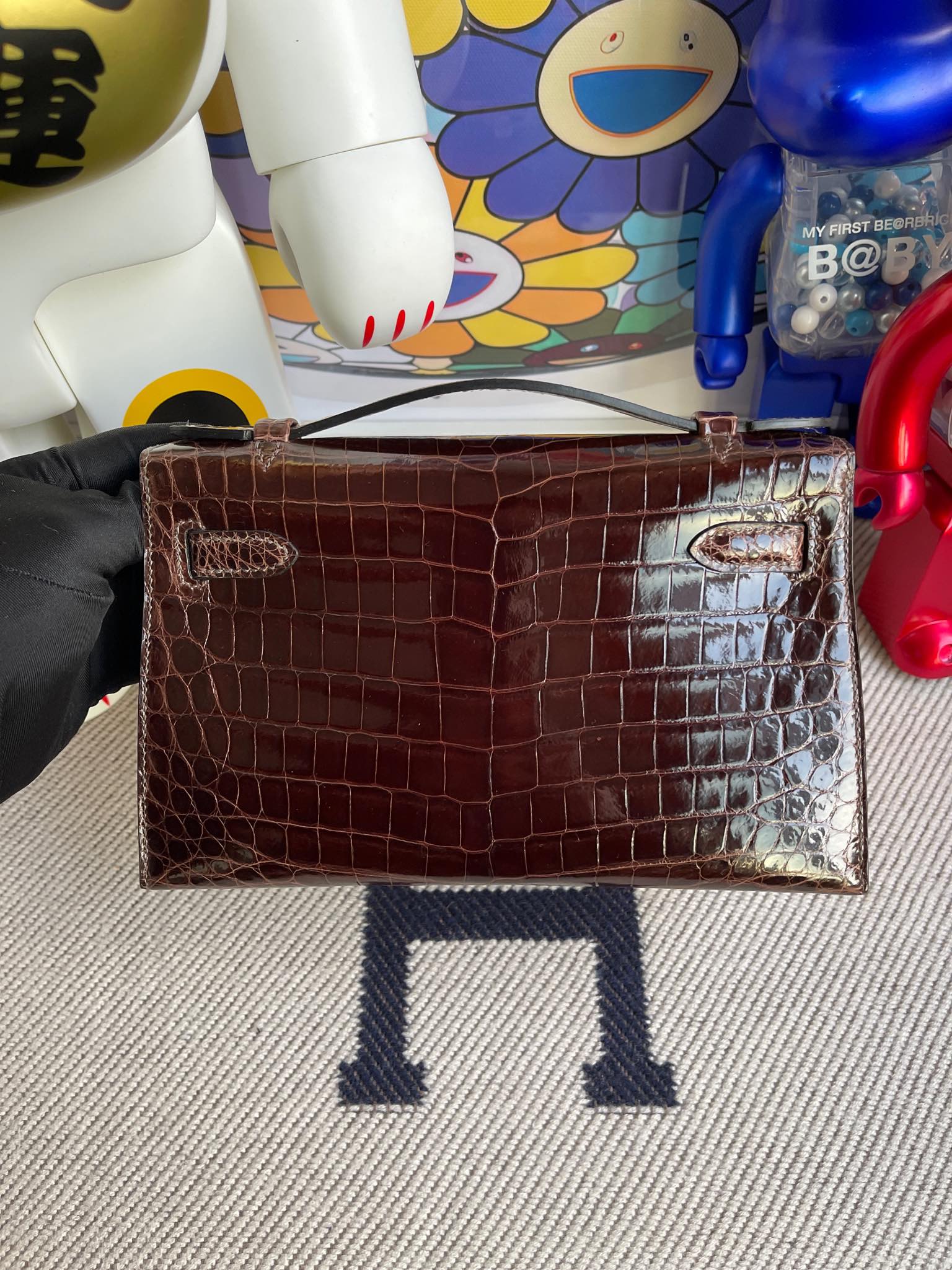 에르메스 켈리22 포쉐트 브라운 금장 샤이니 악어가죽